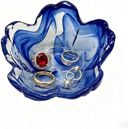 Blue Flower Ring Dish, Small Glass Jewelry Dish Tray, Ring Holder Jewlery Tray Trinket Dish, Bathroom Nightstand Decor Jewelry Bowl Christmas Friendship Birthday Gifts for Women, Soap Dish by BESSKON
