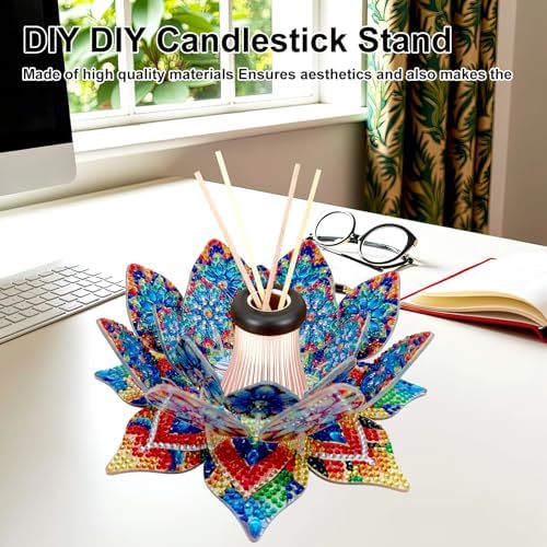 jinglinhh DIY Mandala Lotus Diamond Art Painting Aromatherapy Candle Holder Kit for Adults, Acrylic Diamond Art Tabletop Candlestick Holder Tray Ornaments Craft Project for Beginners(Blue Lotus) - Image 7