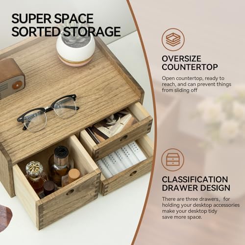 KIRIGEN Wooden Desk Organizer with 3 Drawers and Top Tray, Brown DT1D3C-DBR - Image 3