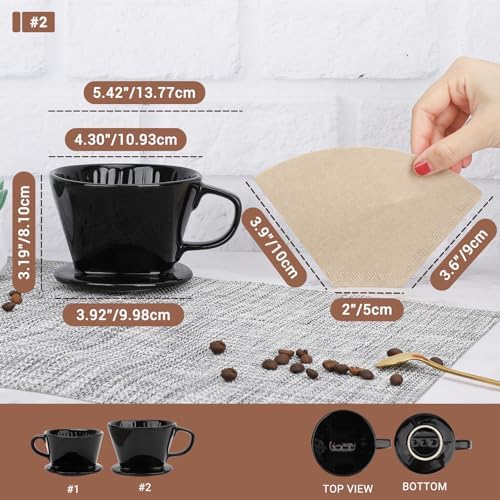 Segarty Pour Over Coffee Maker Set, Single Cup Black Ceramic Coffee Dripper with 200PCS Size #2 Cone Filter Paper, Slow Drip Pourover Brewer for Home Office Travel Camping - Image 2