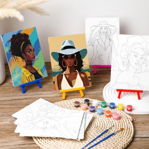 Blosssound 10 Set Pre Printed Canvas Pre Drawn Canvas Painting with Easel Kits 5" x 7" Outline Painting Panels for Beginners, DIY Craft Project, Home Decors(Black Women) - Image 2