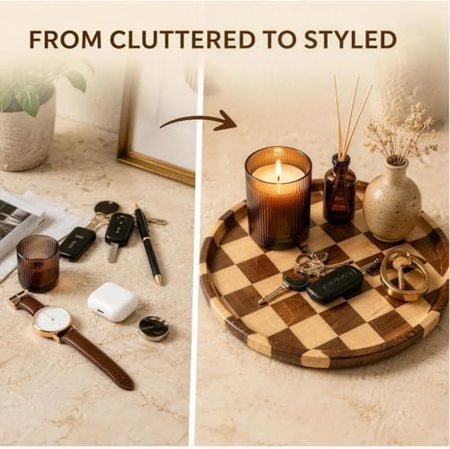 11 Inch Checkered Tray Round Wooden Trays for Decor, Acacia Wood Decorative Plate for Coffee Table, Kitchen Counter, Bathroom Vanity, Candle Holder & Table Centerpiece - Image 6