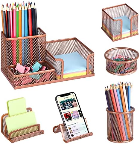 Desk Organizers Set with Mesh Pen Holder Cup, Rose Gold by Zqanve