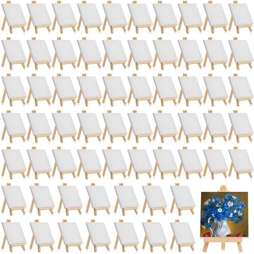 128 Pcs /64 Pack 4 x 4 Inch Mini Canvas and Easel Set Bulk for Paint Party by Mimorou