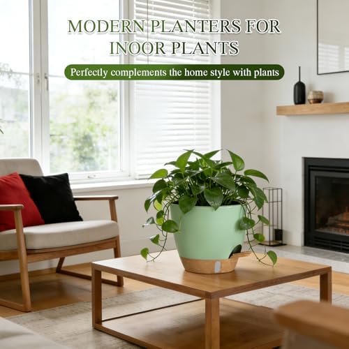 Self Watering Pots with Drainage Holes, 2 Pack 8 Inch Plant Pots with Water Level Indicator Deep Reservoir, Large Plastic Planter for Indoor Outdoor Plants - Green Brown - Image 7