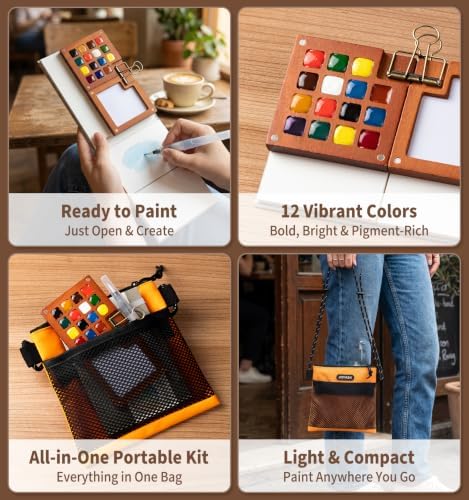 12-Color Travel Watercolor Set with Clip-On Wood Palette - Image 6