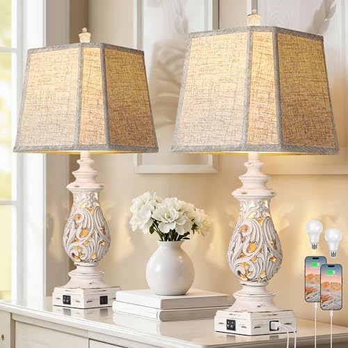 PARTPHONER 29" Table Lamps Set of 2, Bedside Lamps with USB A+C Ports & Night Light, Farmhouse Nightstand Lamps with Linen Fabric Shades for Bedroom Living Room, Antique White (LED Bulbs Included) by PARTPHONER