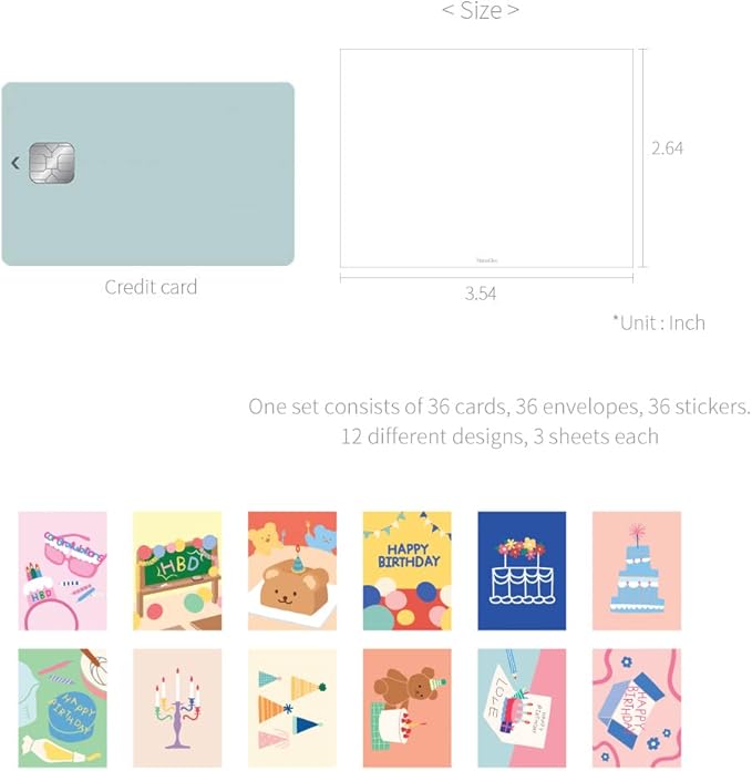 Monolike Day-by-day Card, Birthday party - Mix 36 Mini Single cards, 36 envelopes, 36 stickers Package