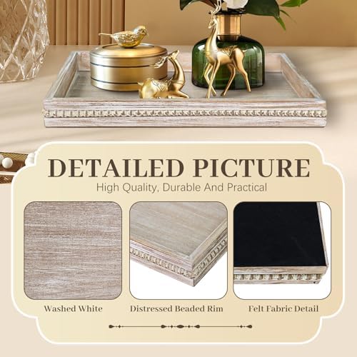 Wooden Decorative Tray, Rectangular Serving Tray with Wood Bead, Farmhouse Big Tray for Ottoman, Countertop, Coffee Tabl, 16.5" x 13"x 1.6" (White Washed) - Image 6