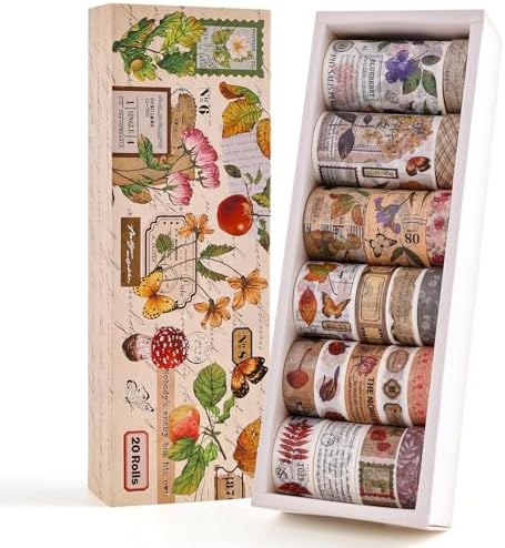 20 Rolls Vintage Washi Tape Set, Floral Letter Butterfly Mushroom Botanical Flower Writable Decorative Tapes for Scrapbooking , Junk Journal Supplies, Bullet Journaling 10-60mm Wide 6.56ft long/Roll by emmoolife