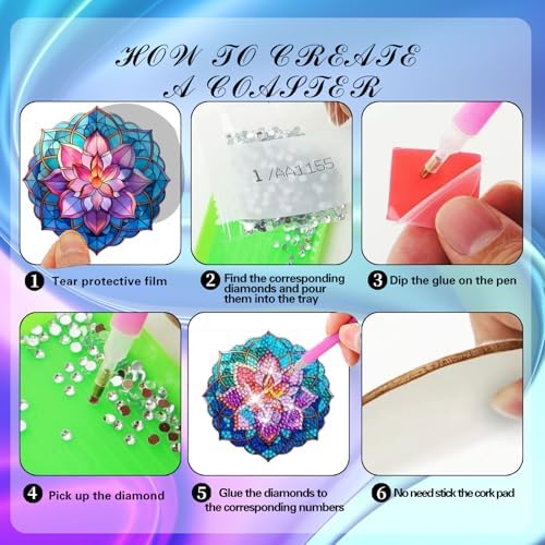Demonwer 8 Pieces Lotus Diamond Painting Coasters with Holder DIY Cute Lotus Diamond Art Coasters 5d Lotus Diamond Coasters with Cork Pads for Beginners Adults for Christmas Holidays Gift - Image 3