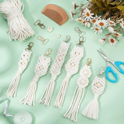 INFUNLY 6PCS Boho White Macrame Keychain Kit Adult DIY Keychain Making Kit Wood Beaded Keychains with Tassel Key Ring for Women for Key Handbags Backpacks Instructions Include - Image 4