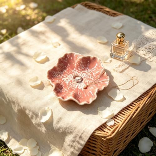 Pink Flower Ceramic Jewelry Dish - Rustic Glazed Trinket Tray for Rings Earrings, Boho Vanity Organizer for Bathroom Counter Nightstand Desk, Small Catch All Bowl for Keys Coins, Gift for Women by Unknown