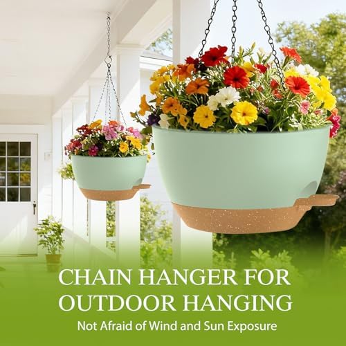 10 Inch Hanging Baskets 2 PC with Chains, Self-Watering Hanging Planters for Indoor Outdoor Plants, Plastic Hanging Flower Pots,Green Brown - Image 5