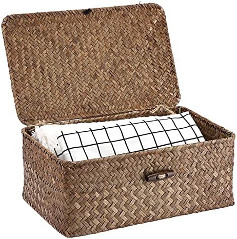 Hipiwe Wicker Shelf Baskets Bin with Lid Small Handwoven Storage Basket Box by Hipiwe