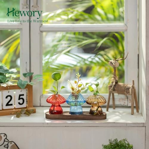 Hewory Plant Propagation Station: 3PCS Colored Mushroom Vase with Wood Tray - Image 3