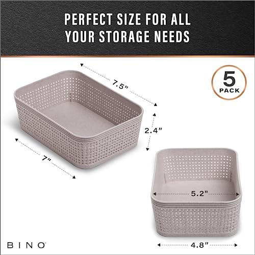 BINO | Woven Plastic Basket | XS (Natural Grey), 5-Pack | THE JUTE COLLECTION | Home Organization, Space - Saving Storage, Stylish Design | Jute Basket | Plastic Storage Basket - Image 3