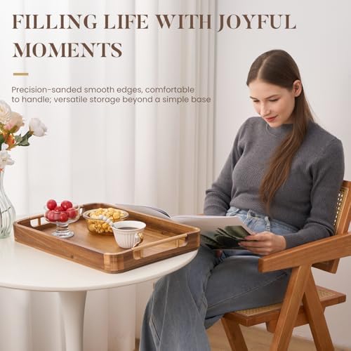 Acacia Wood Serving Tray with Handles - 17'' x 13'' Round, Decorative Ottoman Trays for Breakfast, Home Decor, Tea Party, Coffee Table, Candle Display, Kitchen Counter Board (Rectangular Wood Tray) - Image 4