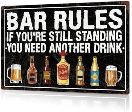 Putuo Decor Vintage Bar Sign, Bar Rules If You're Still Standing Need Another Drink Metal Plaque, Retro Alcohol Themed Wall Decor for Man Cave Bar Pub, Funny Drinking Gift by PUTUODECOR