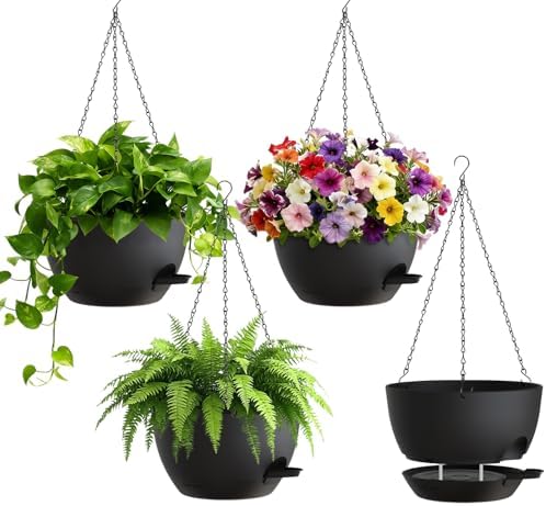 UOUZ 4 Pack 8 Inch Self Watering Hanging Planters for Indoor Outdoor Plants，Hanging Pots for Plants with Drainage Removable Tray, Hanging Baskets Flower Pots for Ivy Pothos Spider Garden Porch Black by UOUZ