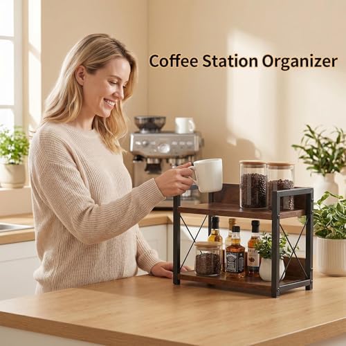 2-Tier Countertop Organizer, Iron-Wood Coffee Station Shelf, Heavy Duty Kitchen Counter Spice Rack for Coffee Bar, Pantry, Bathroom Storage(Brown) - Image 3