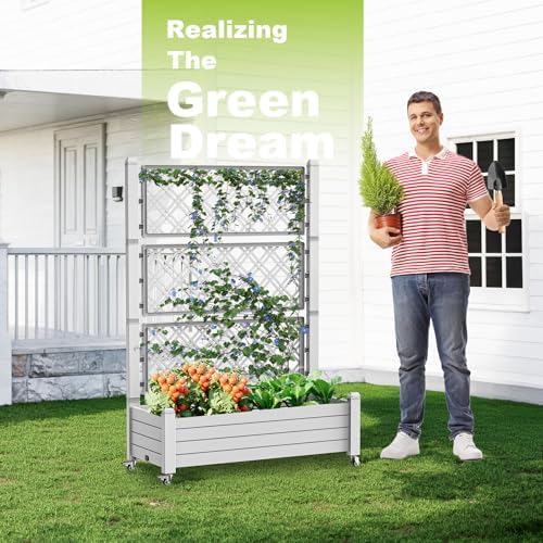 Elevated Raised Garden Bed with Trellis,Outdoor Large Resin Patio Planter Box Stand Divisible with Drain Plug,Water Monitor for Plants Vegetables Flowers Fruits (Ashen, 43.43 * 18.27 * 64.29) - Image 3