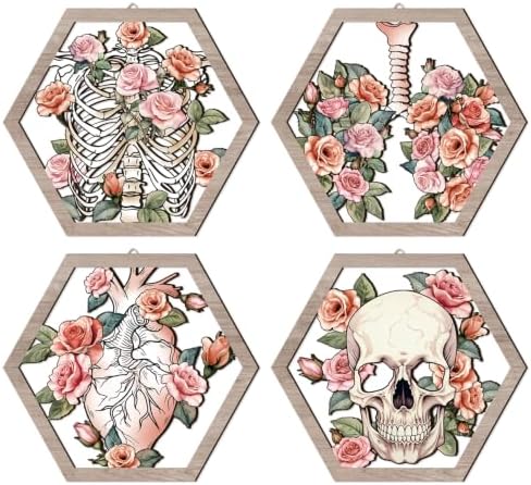 HPNIUB Medical Human Anatomy Wall Decor, Farmhouse Medical Anatomical Hanging Wooden Wall Art, 4 Pieces Pink Floral Heart Skull Anatomy Wood Sign for Nursing Doctor Room Living Room(11''x9.8'') by HPNIUB
