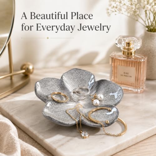 Ceramic Flower Jewelry Ring Trinket Dish Tray, Gifts for Women, Silver Gray - Image 4