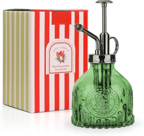 T4U Glass Plant Mister 200ML, Vintage Spray Bottle with Top Pump, Fine Mist Garden Flower Sprayer Small Decorative Spritzer Watering Can Gift for Indoor Outdoor Succulent House Plant (Green) by T4U
