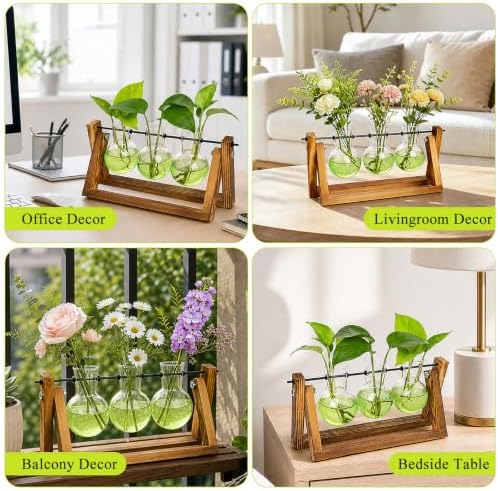 XXXFLOWER Plant Terrarium Kit with Wooden Stand 3 Gradient Green Bulb Vases - Image 6