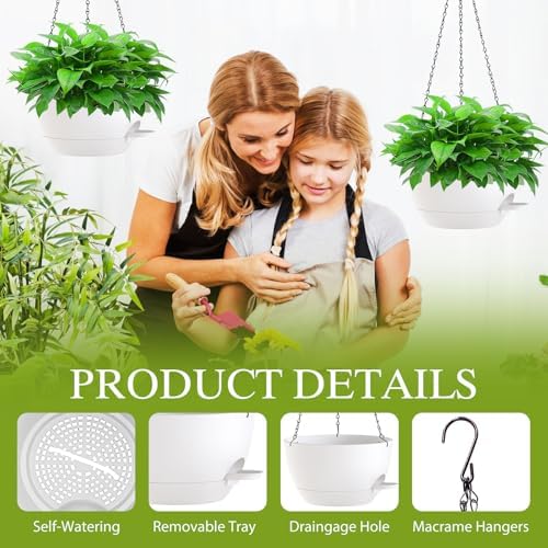 12 Inch Hanging Baskets 2 PC with Chains, Self-Watering Hanging Planters for Indoor Outdoor Plants, Plastic Hanging Flower Pots,White - Image 3