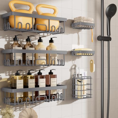 Veken 6-Pack Rustproof & Waterproof Shower Caddy, Adhesive Shelves Rack, Large Capacity Bathroom, College Dorm & Apartment Organizers, No-Drill Wall Mount Living Room & Bedroom Decor, Light Grey by Veken