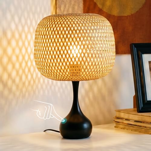 ONEWISH Touch Bedside Lamp for Bedroom, 3-Way Dimmable Table Lamps for Nightstand, Handwoven Bamboo Shade Desk Lamp for Living Room, Home Office by onewish