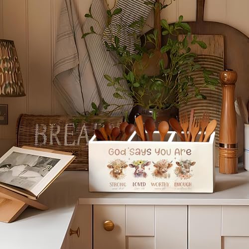 Highland Cow Christian Pen Pencil Holder for Desk, Christian Gifts for Women, God Says You Are Bible Verse Western Highland Cow Wooden Box Sign Decorations for Home Office Desk Tabletop - Image 6