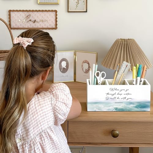 Christian Pen Holder, Christian Gifts for Women Pencil Holder for Desk, Beach Office Decor, Religious Bible Verse Coastal Ocean Wooden Box Sign Decorations for Home Office Desk Tabletop - Image 4