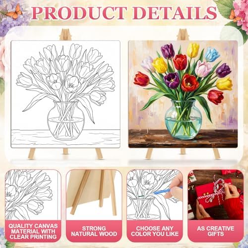 Supervitae 72 Piece Rustic Flowers Square Pre Drawn Canvas Kit 8" Paint and Sip Kit for Adults Painting Party Pre Printed Canvas DIY with Pictures Paints Easels Brushes for Party Gifts - Image 3