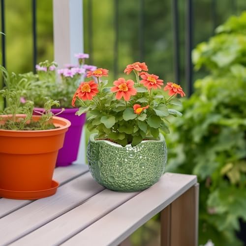 6 Inch Plant Pot - Orchid Pot with Drainage Hole, Ceramic Planter for Indoor Outdoor, Decorative Plant Pots, Modern Round Unique Flower Pots, Living Room Decor, Gifts for Women Men, Green - Image 4