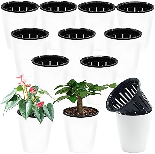 Haawooky 12 PCS Self Watering Plastic Planter,4 Inch Plastic Flower Plant Pot with Inner Pot,Self Watering Planter White Flower Pot for Herbs,Flowers,All House Plants,Succulents by Haawooky