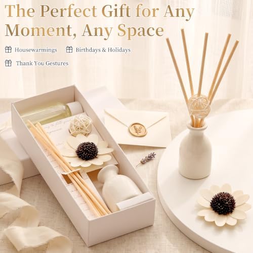 2PCS Ocean Reed Diffuser Set,1 fl oz Ceramic Bottle with 5 Sticks & Sunflower Rattan Ball Decor, Plant-Based Non-Toxic Essential Oil, Long-Lasting Home Fragrance for Bedroom Bathroom - Image 5
