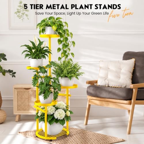 TOSKING Tall 5-Tier Round Metal Corner Plant Stand Indoor, Anti-Tip,Yellow - Image 2