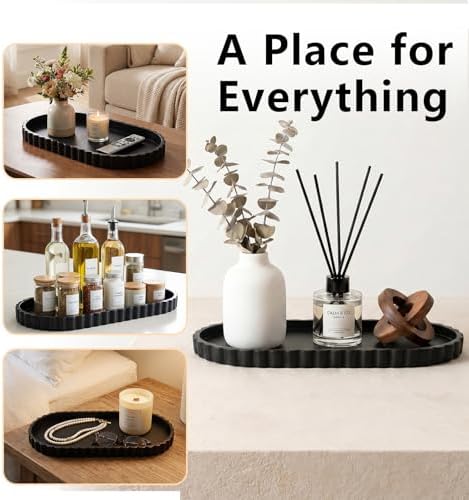 Silicone Bathroom Tray - 12''x5.3'' Oval Vanity Tray for Bathroom Countertop, Kitchen Countertop Tray with Scalloped Edge, Elegant Bathroom Holders and Organizers for Toilet Top, Bathtub Caddy, Black - Image 5