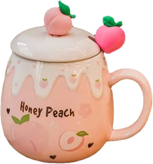 Coffee Mug Cups Ceramic Tea Cup Fruits Peach Shaped Handmade Pottery Cute Mugs With Lid Spoon Handle Office Home Hot Ice Chocolate Milk Mugs Gifts Microwave Dishwasher Safe Travel Mugs (Rose)