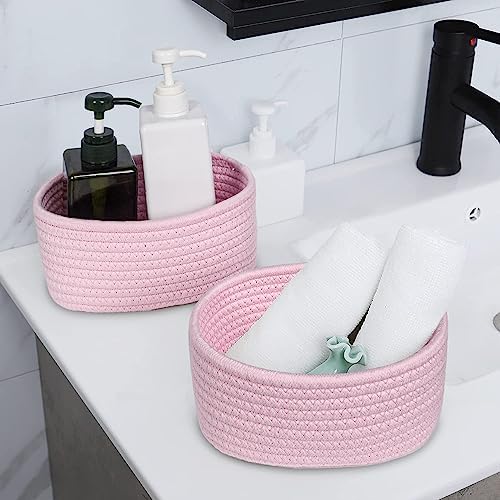【2 Pack】ABenkle Small Woven Baskets, Tiny Oval Shallow Storage Baskets, Mini Cotton Rope Empty Decorative Basket, Boho Little Organizer Bins for Bathroom, Cat Dog Toy Gifts Baskets - Image 4