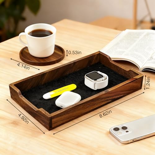 Walnut Desk Tray with Cup Coaster Set, Natural Wooden felt lined Desk Drawer Organizer for Keys, Pen, Watch, Home Office Desktop Accessories - Image 4