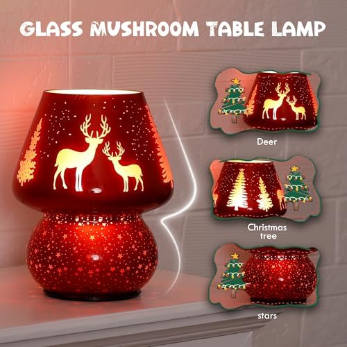 ULAROOM Christmas Battery Operated Mushroom Lamp - Vintage Small Table Lamp with Timer, Cordless Bedside Nightstand Lamp, Glass Battery Powered Lamp for Bedroom Kitchen Living Room Decor Aesthetic - Image 2
