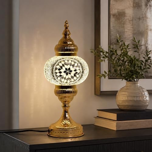 GOGERS Turkish Mosaic Table Lamp, Amber Glass Bedside Lamp with Gold Metal Base, E12 LED Bulb Included, Warm Ambient Decorative Lamp for Bedroom, Living Room, Nightstand, Home Decor Gift (White) - Image 7