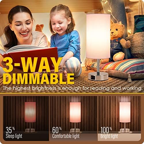 Yarra-Decor Bedside Lamp with USB Port - Touch Control Table Lamp for Bedroom 3 Way Dimmable Nightstand Lamp with Round Pink Fabric Shade for Living Room, Dorm, Home Office (LED Bulb Included) - Image 2