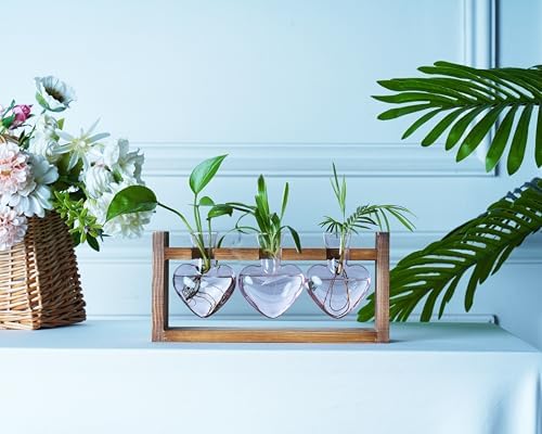 Kingbuy 3-Heart Plant Terrarium Kit with Vintage Wood Stand - Stained Glass Vase Propagation Station, Wall-Mounted & Tabletop Indoor Decor for Home Kitchen Wedding Gift, Light Pink - Image 5