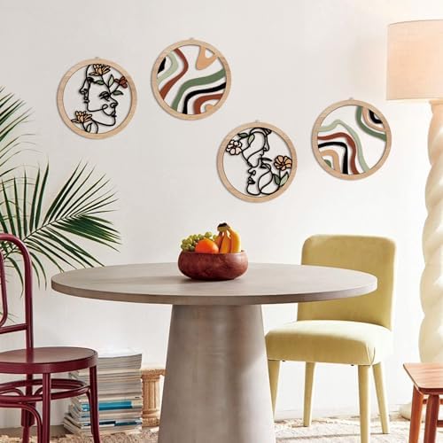 HPNIUB Boho Fashion Woman Wall Decor, Abstract Geometric Line Hanging Wooden Wall Art, 4 Pieces 10''x10'' Minimalist Aesthetic Female Women Face and Floral Wood Sign for Bedroom Living Room, Lady Gift - Image 6