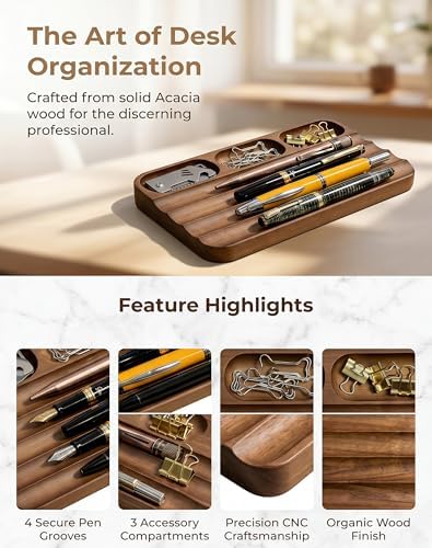 Horizontal Pen Holder,Acacia Wood Pen Tray,Desktop Pen Display,Walnut Desk Tray,Paperclip Headphones Eraser Office Stationery Storage,Brown - Image 4